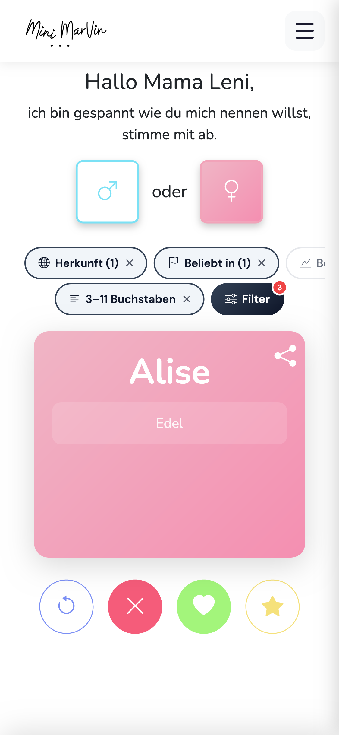 Babynamen swipen für Mädchen